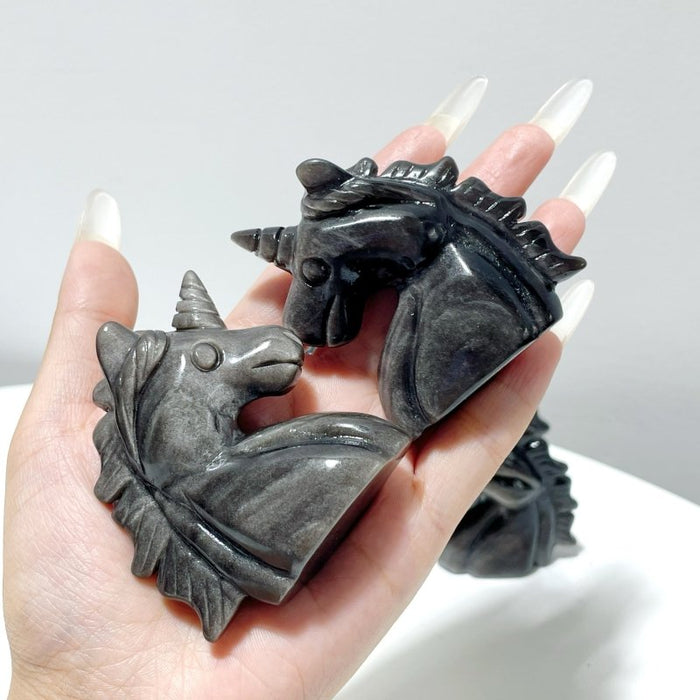 Silver Sheen Obsidian Unicorn Carving Wholesale
