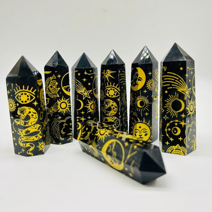 Sun And Moon Laser Printing Obsidian Tower Points Crystal Wholesale