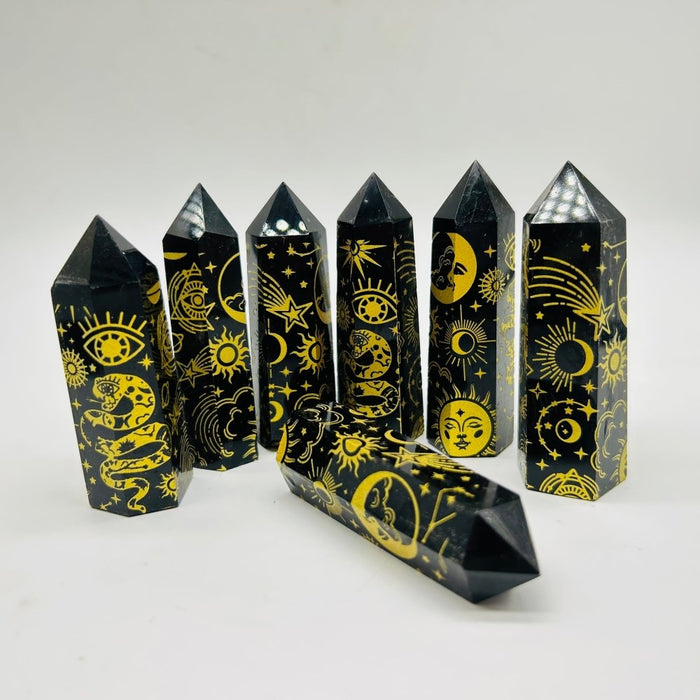 Sun And Moon Laser Printing Obsidian Tower Points Crystal Wholesale
