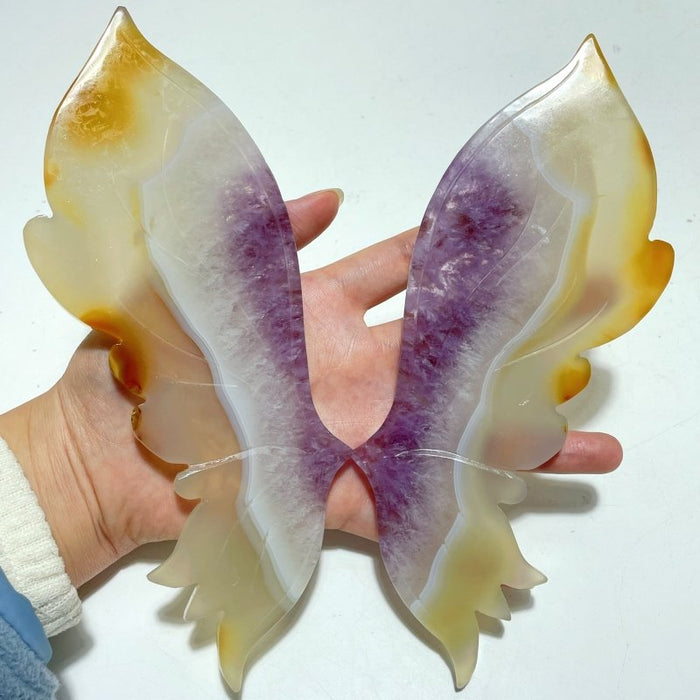 Unique Agate Mixed Amethyst Butterfly Wing Carving With Stand