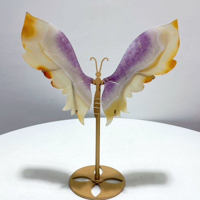 Unique Agate Mixed Amethyst Butterfly Wing Carving With Stand
