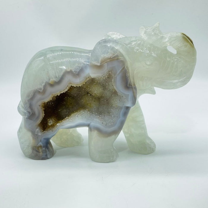 Unique Large Geode Agate Druzy Elephant Carving