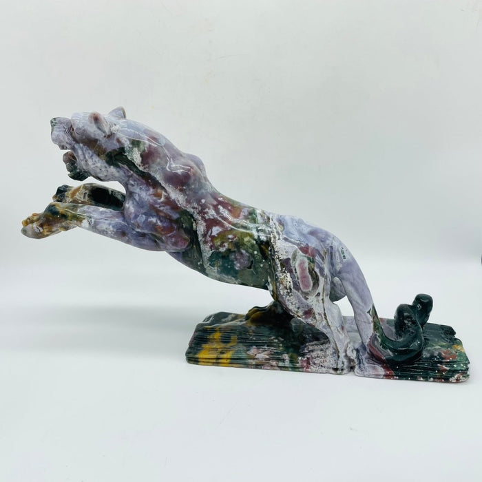 Unique Ocean Jasper Jumping Leopard Panther Carving
