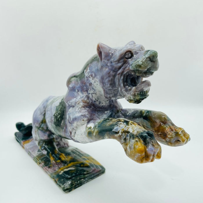 Unique Ocean Jasper Jumping Leopard Panther Carving
