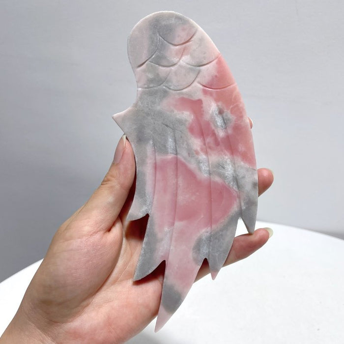 Unique Pink Opal Angel Wing Carving With Stand