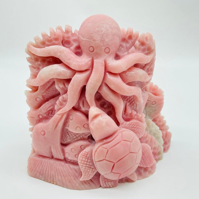 Unique Pink Opal Underwater World Octopus Sea Turtle With Dolphin Carving