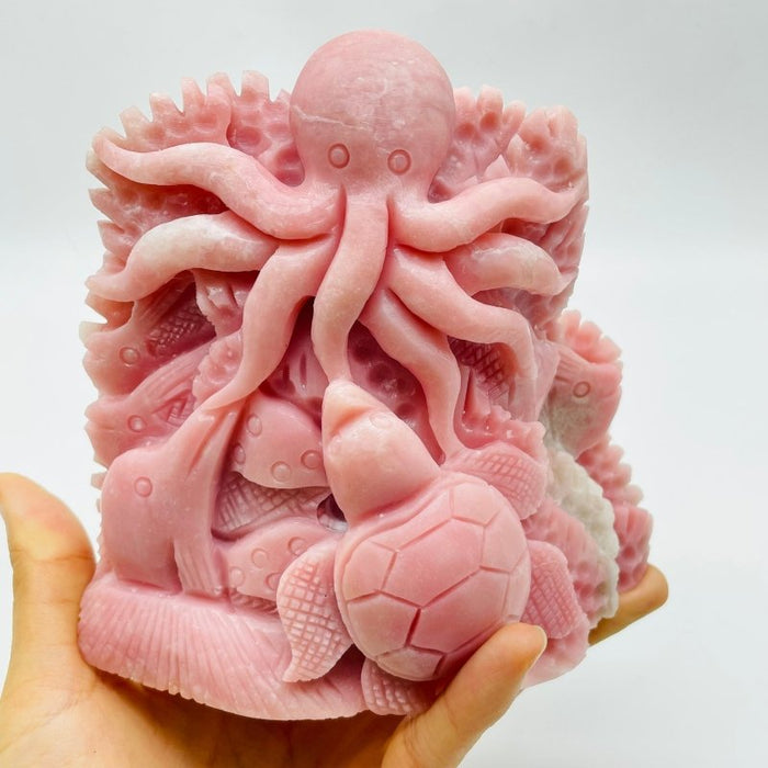 Unique Pink Opal Underwater World Octopus Sea Turtle With Dolphin Carving