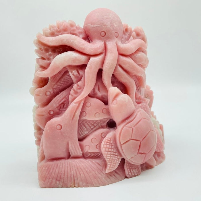 Unique Pink Opal Underwater World Octopus Sea Turtle With Dolphin Carving