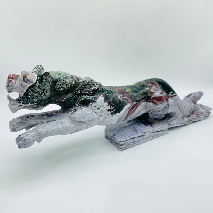 Unique Vein Ocean Jasper Galloping Leopard Panther Carving